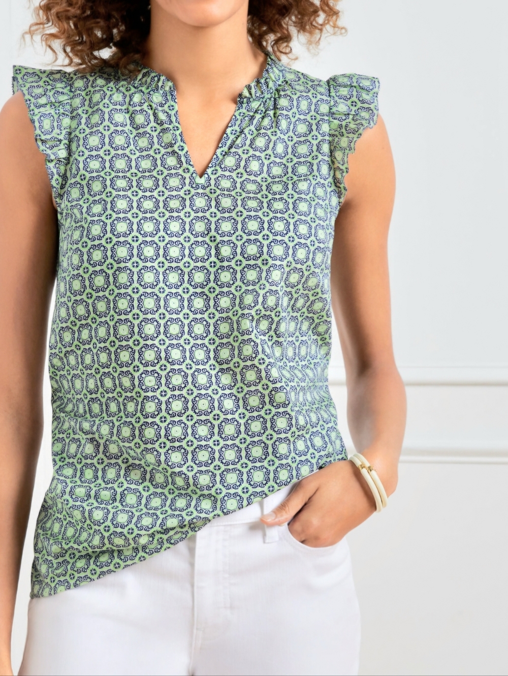 Talbots Block Print Green Blue Ruffle Trim Sleeveless Top
